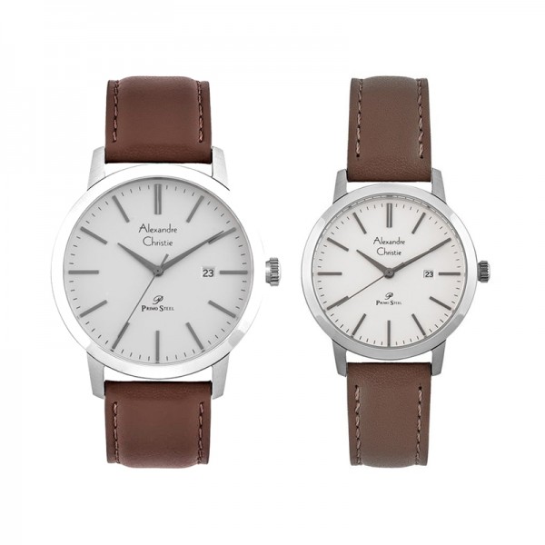 Alexandre Christie AC 1007 Silver White Brown Leather Couple